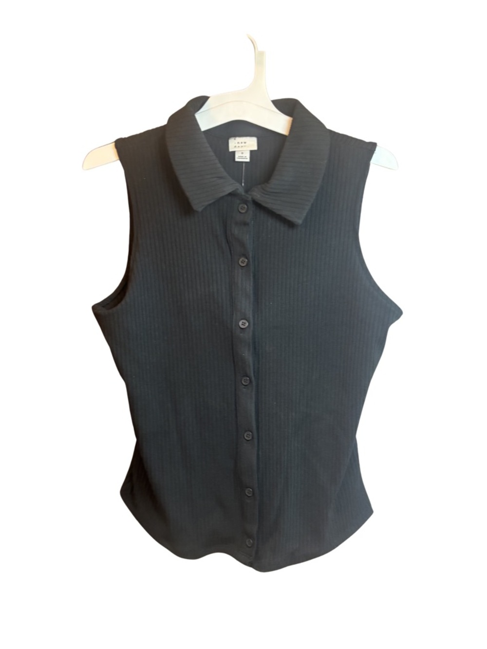 a new day Black Sleeveless Ribbed Button-Down Collar Top Sm New